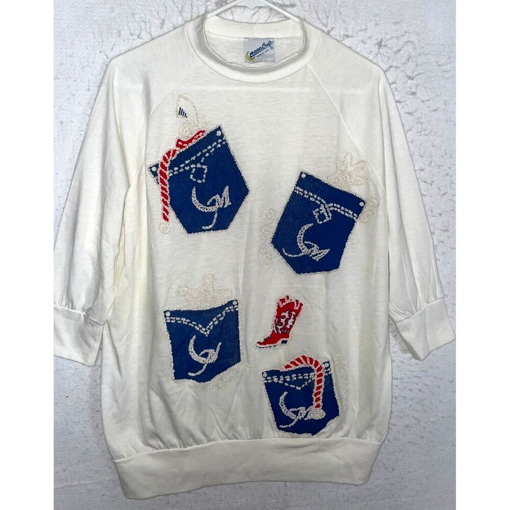 VTG Mooncraft 3/4 sleeve Top Crew Neck Made In USA Beaded Western Cowboy Boho